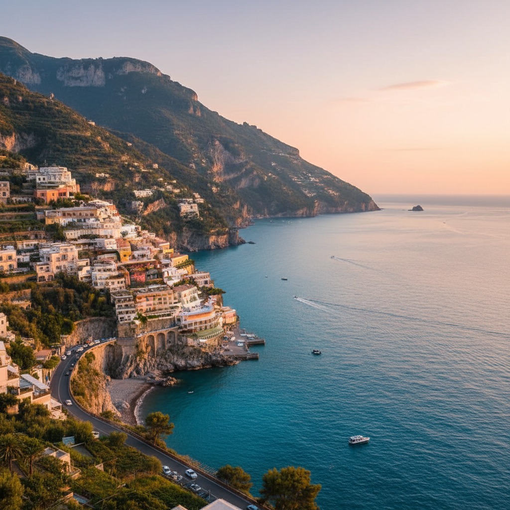 Veduta panoramica al tramonto della costa di Positano, con le sue case colorate abbarbicate sulla scogliera a picco sul mare.