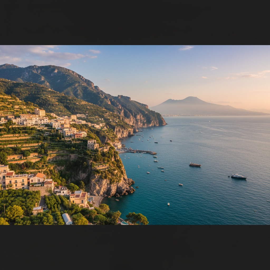 Una veduta panoramica della Costiera Amalfitana con le sue caratteristiche case colorate abbarbicate sulle scogliere a picco sul mare azzurro, e il Vesuvio sullo sfondo al tramonto.