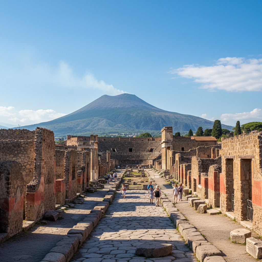 I turisti camminano lungo un'antica strada lastricata di Pompei, con il Vesuvio sullo sfondo sotto un cielo azzurro.