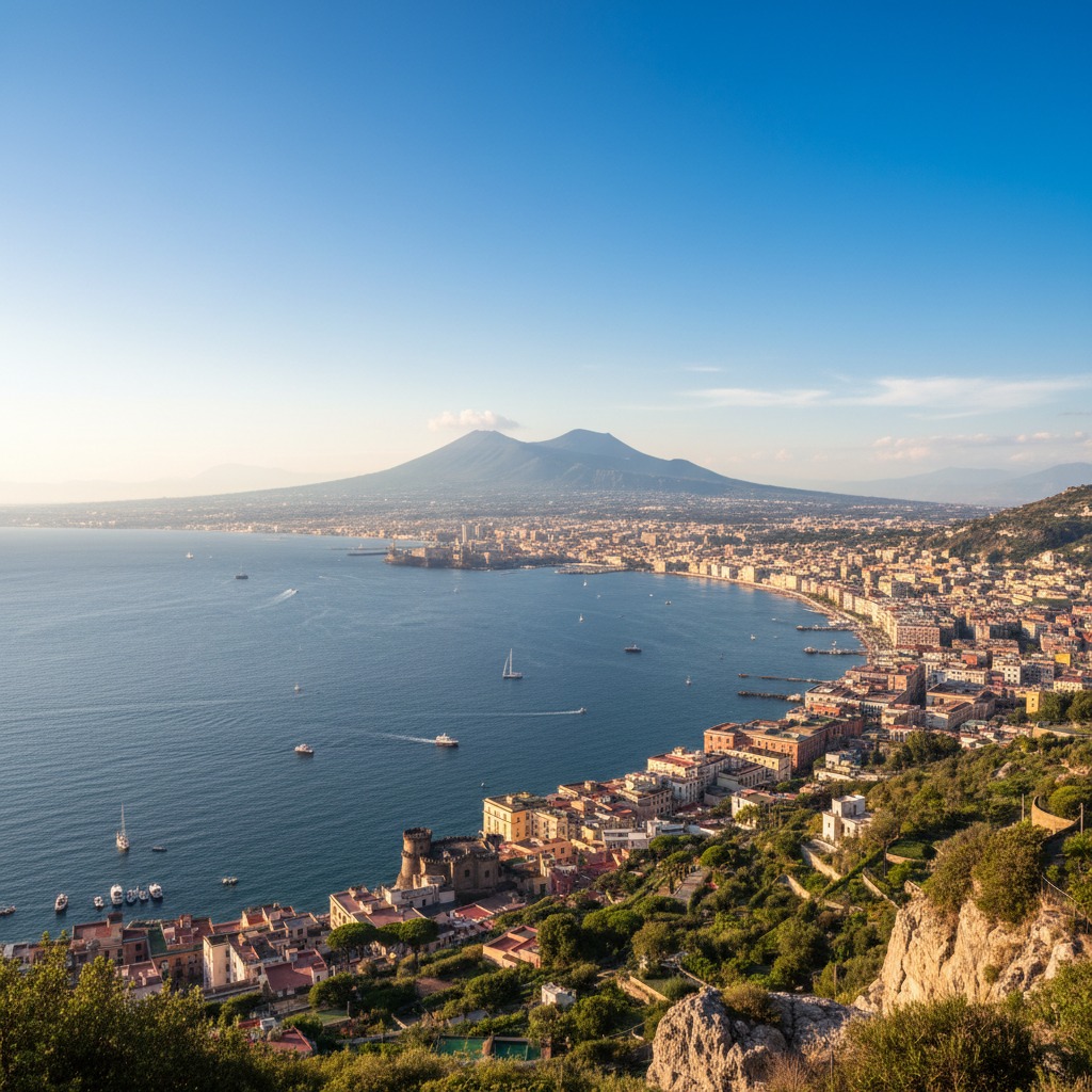 Veduta panoramica del Golfo di Napoli con il Vesuvio sullo sfondo e le barche in mare.