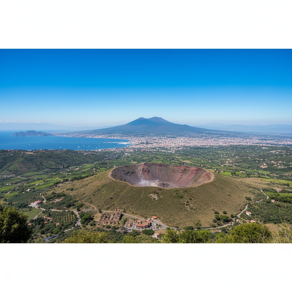 Vista aerea del cratere del Vesuvio in primo piano con il golfo di Napoli e il profilo del vulcano sullo sfondo.