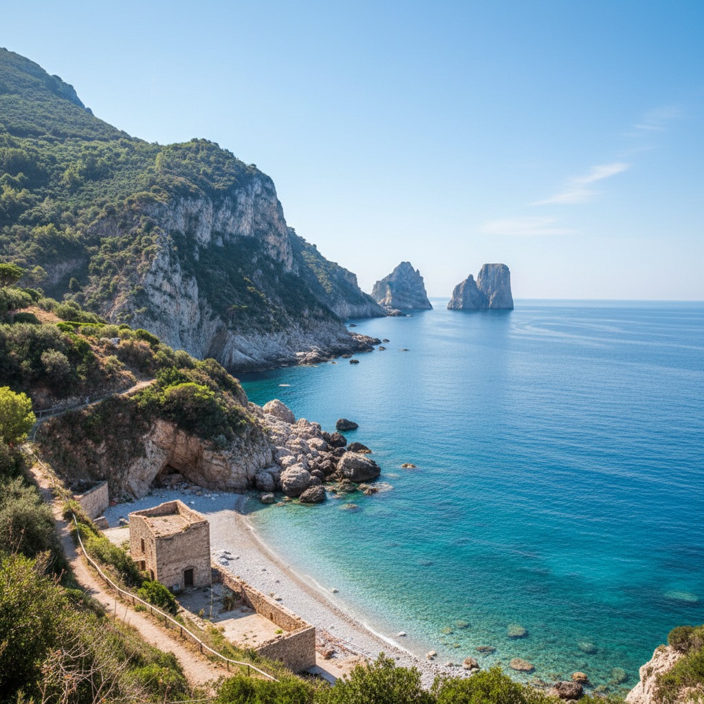 Un sentiero costiero si snoda tra scogliere rocciose e vegetazione che scendono verso una spiaggia di ciottoli con un antico edificio in pietra affacciato sul mare cristallino, mentre in lontananza emergono i faraglioni.